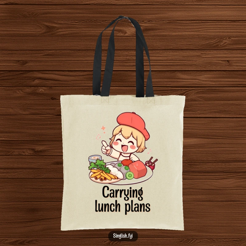 Funny foodie character tote bag pointing at local food, great for grocery shopping and market trips.