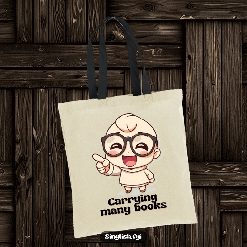 Funny tote bag depicts a cute character in large round glasses pointing and laughing heartily, a humorous and practical accessory.
