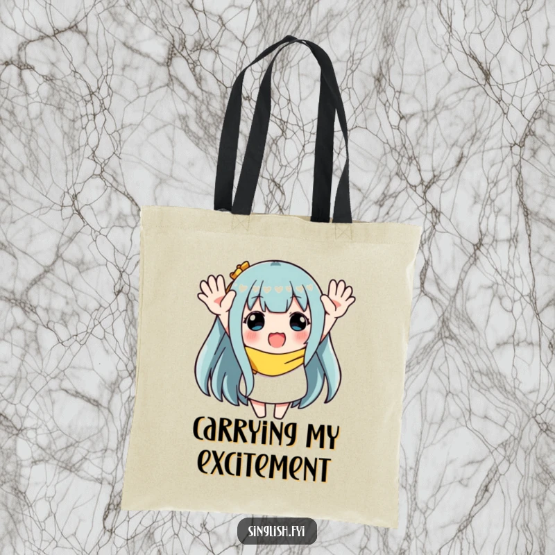Funny tote bag with a character waving both hands enthusiastically, perfect for carrying items with a vibrant, celebratory, and joyful message.