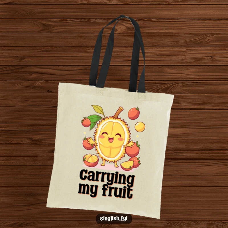 Funny Durian Tote Bag: A cheerful fruit juggles other fruits, offering funny foodie flair, perfect funny gift.