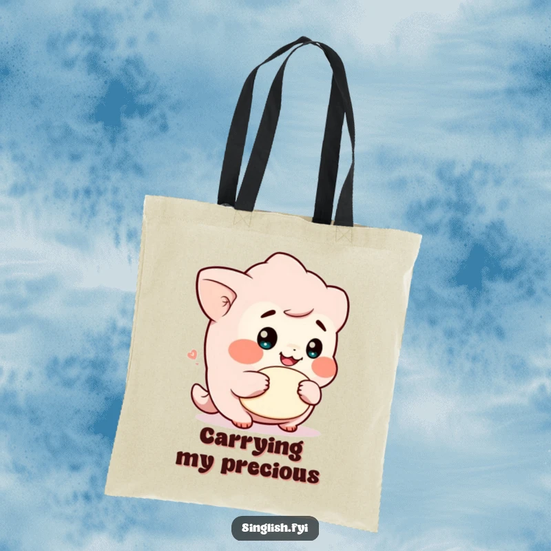 Funny tote bag showcasing a cute character with a cheeky grin holding a lah, perfect for carrying essentials with a humorous flair.