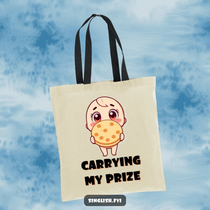 Funny Roti Prata Tote Bag: A practical tote featuring a character with wide eyes, holding a roti prata, perfect for foodie errands.