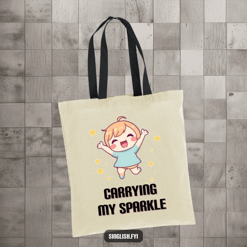 Funny Star Jump Tote Bag: Cute character leaping joyfully with small stars, a durable and humorous tote for everyday use.