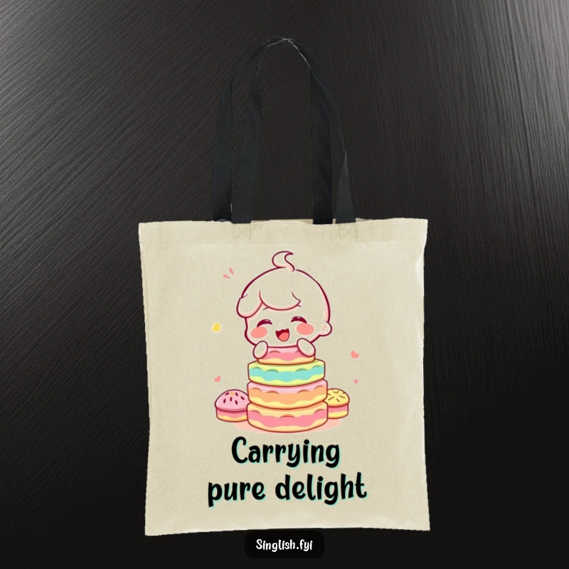 Funny tote bag showcasing a character giggling playfully while balancing a tall, colorful assortment of kuih, perfect for shopping trips.