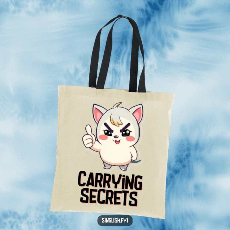 Funny tote bag depicts a playful character winking with a mischievous grin and giving a thumbs up, a confident and humorous accessory.