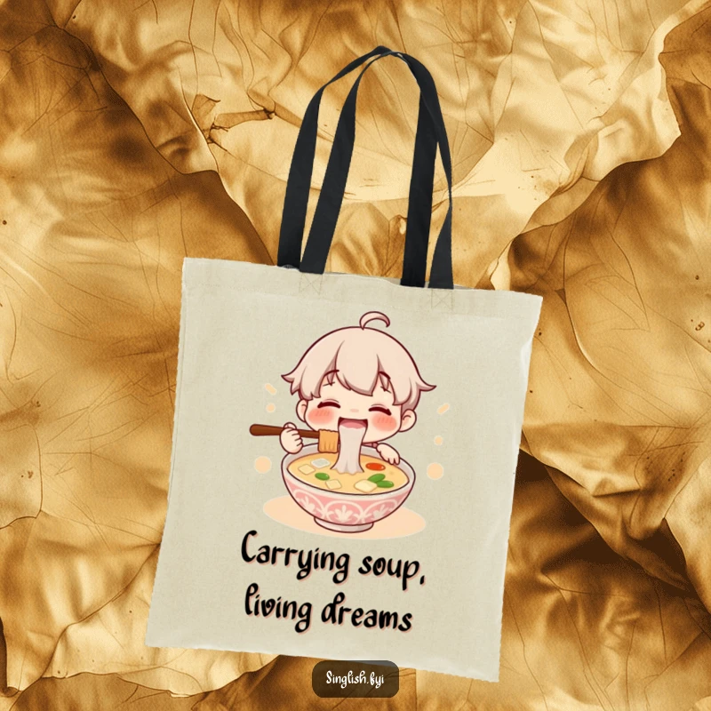 Funny tote bag featuring a joyful character enthusiastically slurping a bowl of lontong soup, its contents artfully depicted, great for groceries.