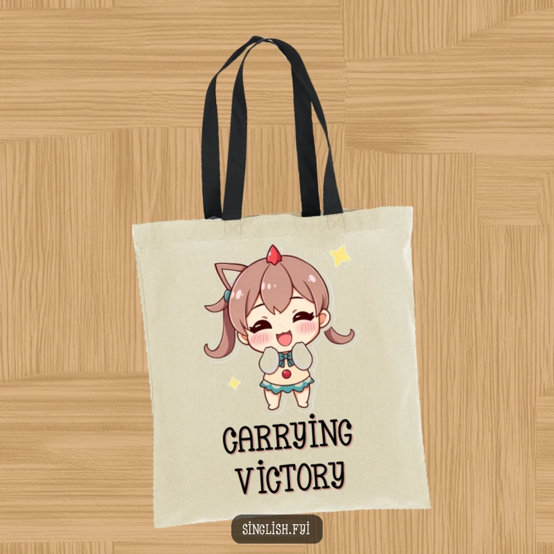 Funny tote bag featuring a character bowing triumphantly with a grin, ideal for carrying items and celebrating success.