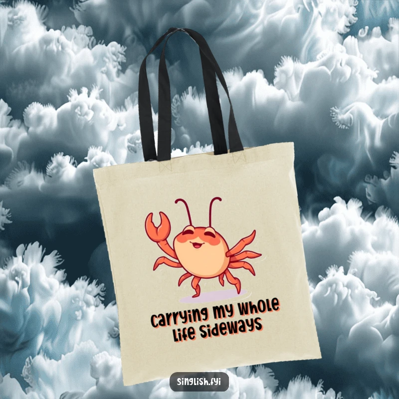 Funny chilli crab tote bag with a giggling character comically performing a sideways crab walk, showcasing quirky personality and humor.