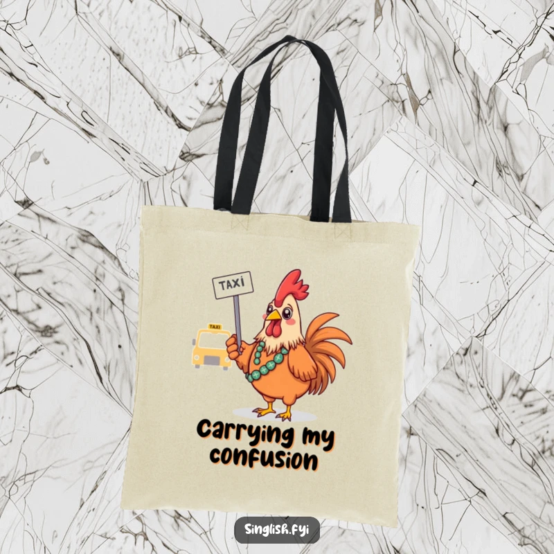 Funny Rooster Tote Bag: Features a confused bird hailing a taxi, offering funny travel-themed charm, perfect funny gift.