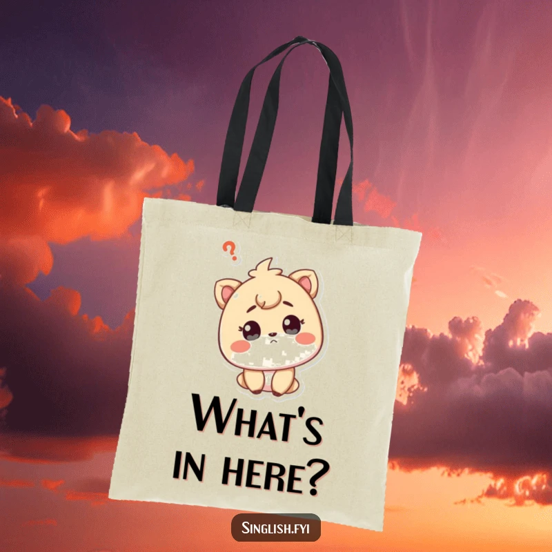Funny tote bag with a curious character tilting their head, questioning expression, perfect for carrying inquisitive thoughts.