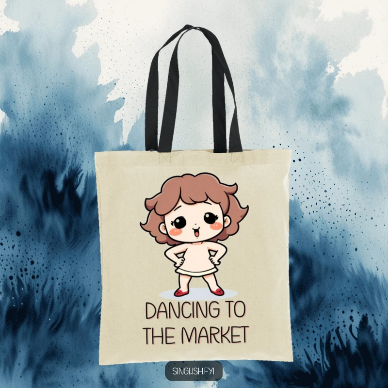 Funny Dancing Character Tote Bag depicting a cute character performing a silly dance with hands on hips, a stylish and humorous accessory.