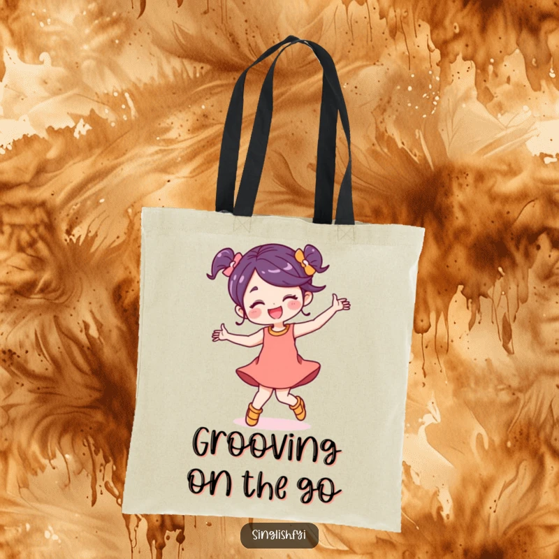 Funny character tote bag dancing energetically with a carefree pose, perfect for carrying essentials with a humorous, joyful twist.