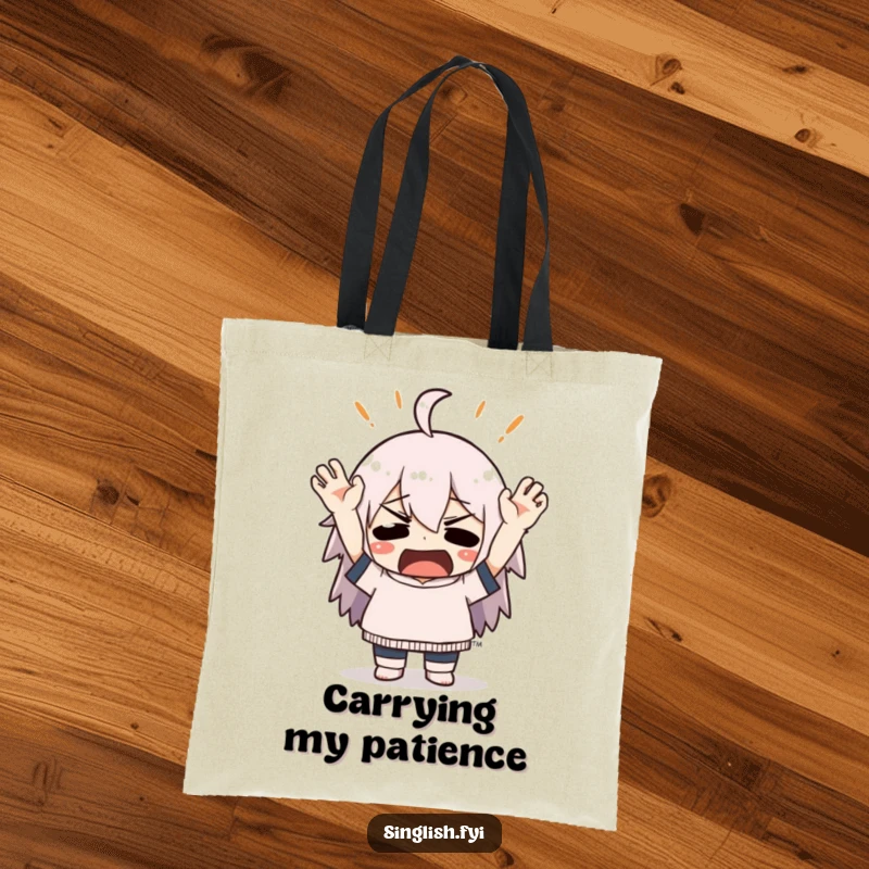 Funny tote bag with a character dramatically throwing hands up in mock exasperation, great for carrying items with humorous flair.
