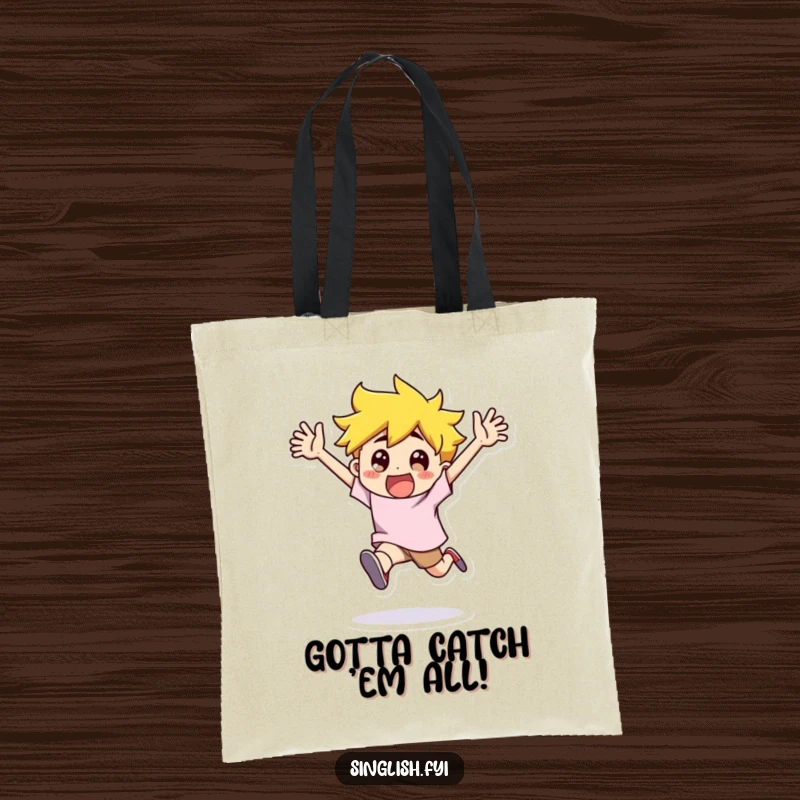 Funny Tote Bag: A character runs with arms flailing in exaggerated excitement, a humorous and practical accessory for the energetic.