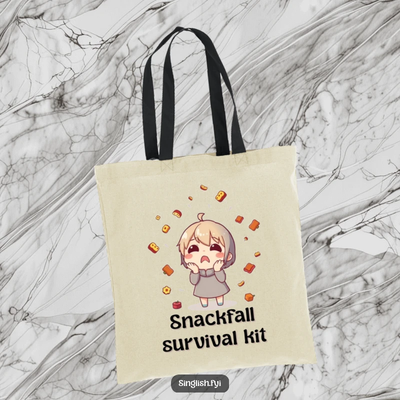 Funny food rain tote bag showing a surprised character under a rain of tiny food, great for shopping.