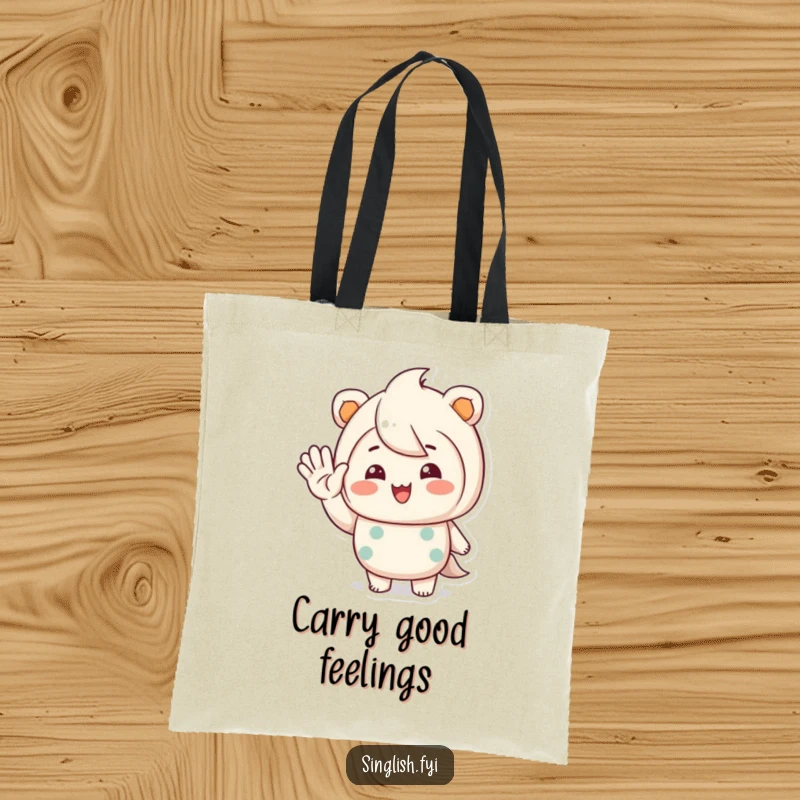 Funny tote bag featuring a character waving hello with a warm, inviting smile, ideal for carrying items cheerfully.