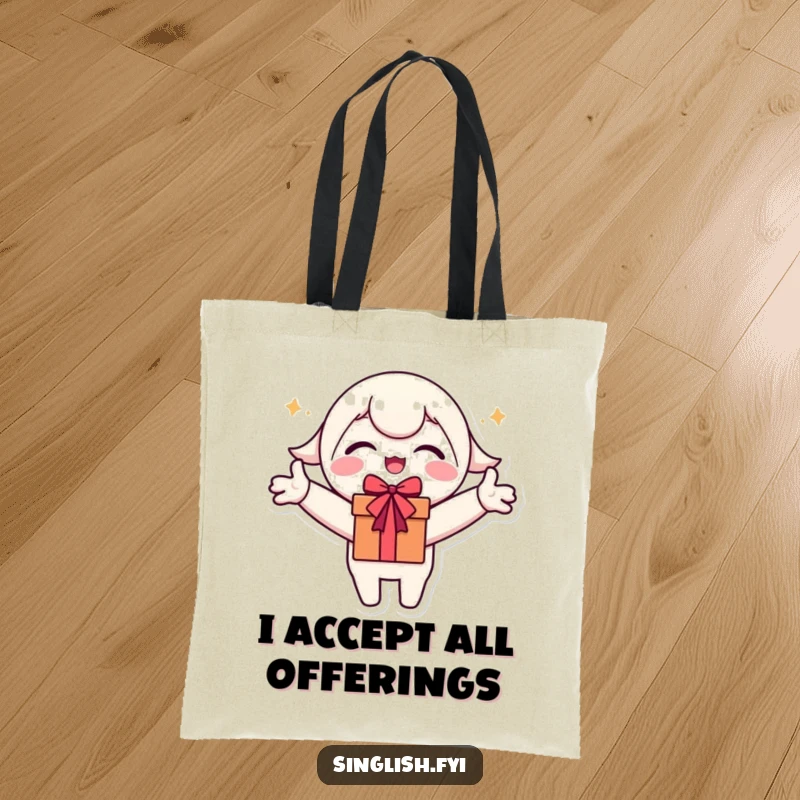Funny Tote Bag: Cute character with arms outstretched, ready to excitedly receive gifts or goodies.