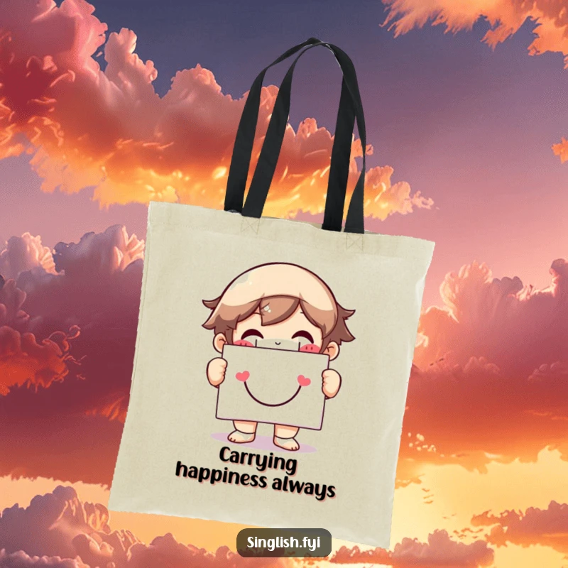 Funny tote bag with a character beaming a huge grin, holding a smiley face sign, perfect for carrying positivity and essentials.