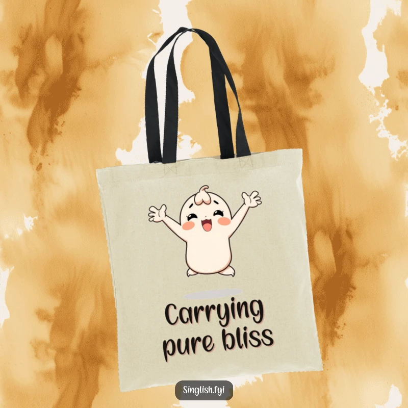 Funny tote bag featuring a character doing a happy hop with arms thrown wide, ideal for carrying items joyfully.