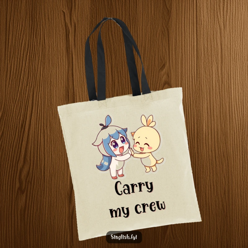 Funny Tote Bag features two delighted characters with wide eyes joyfully high-fiving, a cheerful everyday accessory.