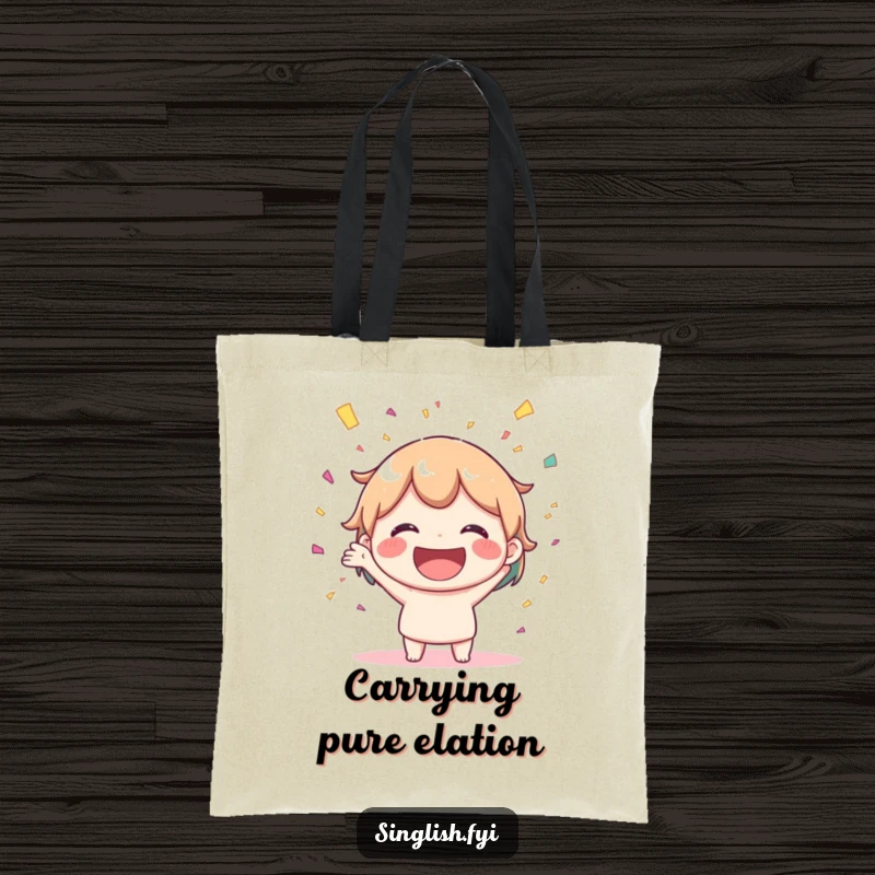 Funny tote bag with a joyful character celebrating by throwing confetti, perfect for carrying party supplies or daily essentials.