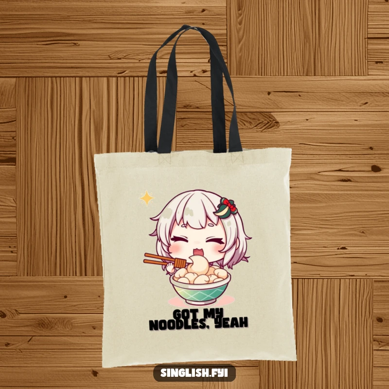 Funny tote bag showcasing a character giving a sly wink while holding a plate of mouth-watering mee goreng, great for shopping.