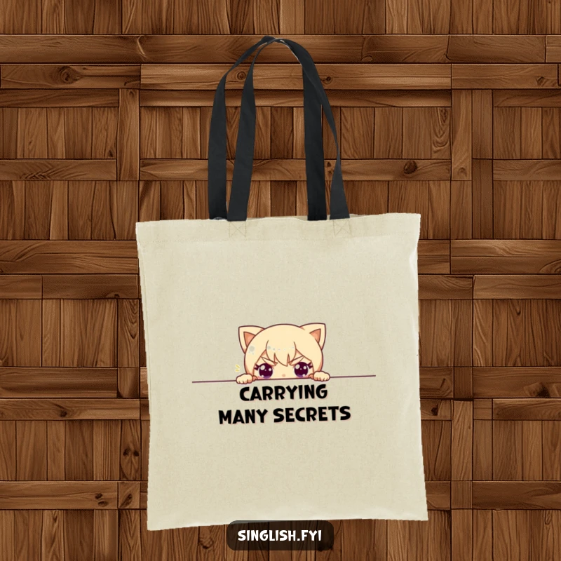 Funny tote bag illustration of a character peeking over the edge with a funny, mischievous expression, practical and humorous.