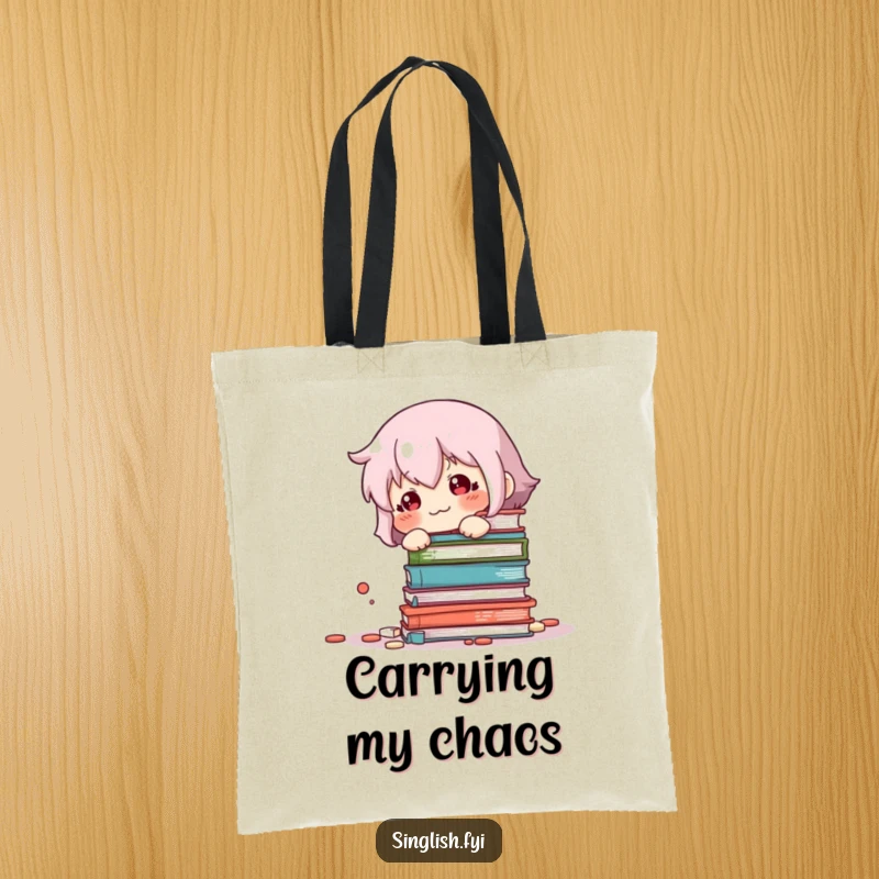 Funny Book Knockover Tote Bag: Cute sheepish character beside fallen books, a durable and humorous tote for carrying essentials.
