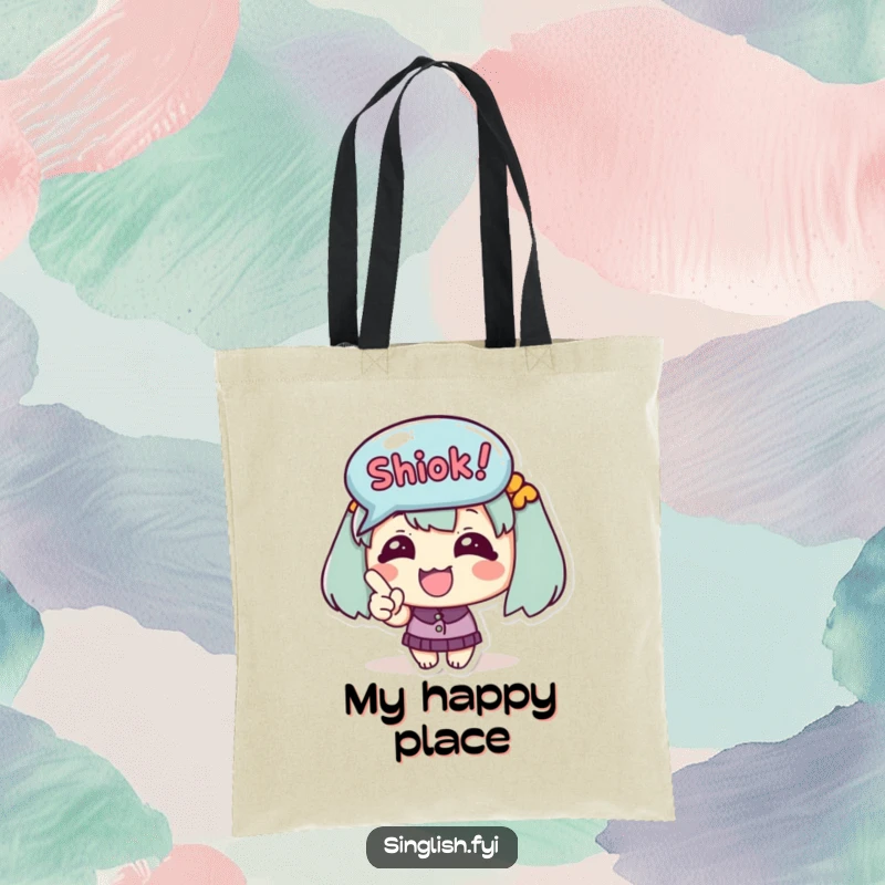 Funny Tote Bag features a cute happy character excitedly pointing at a 'Shiok!' bubble, a cheerful everyday accessory.