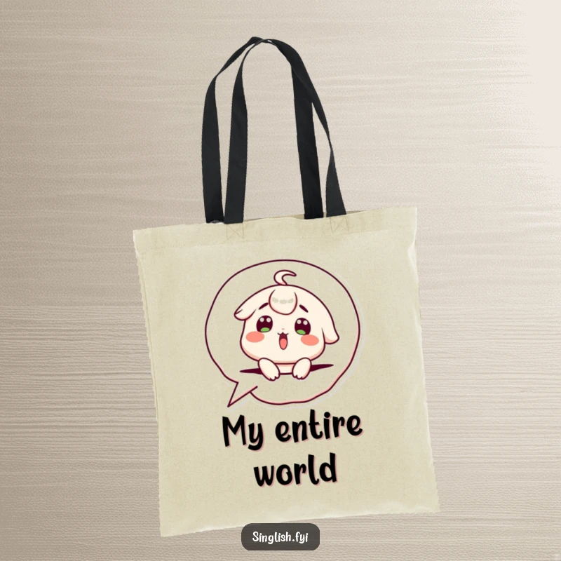 Funny Tote Bag: Cute character with a surprised expression popping out of a speech bubble, perfect for carrying items humorously.