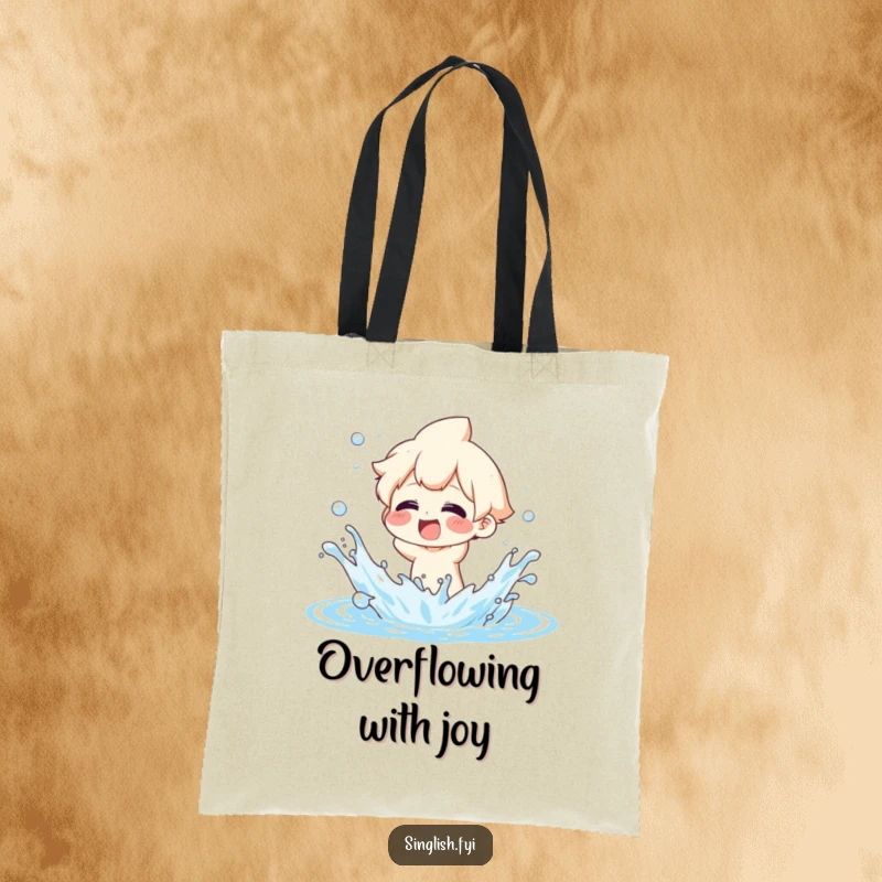 Funny Tote Bag: Character playfully splashing water with exaggerated glee, perfect for carrying essentials with a smile.