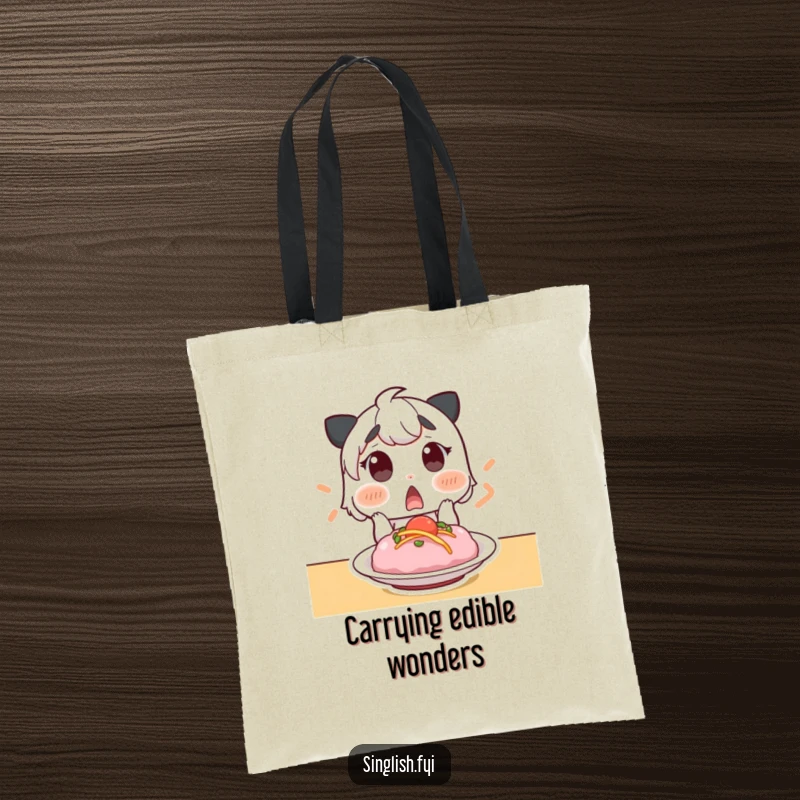 Funny tote bag depicting a surprised character gasping at a delicious dish, perfect for carrying groceries or market finds.