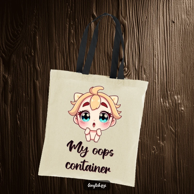 Funny tote bag showcasing a character with wide, surprised eyes and raised eyebrows, perfect for carrying items with a touch of comical shock.