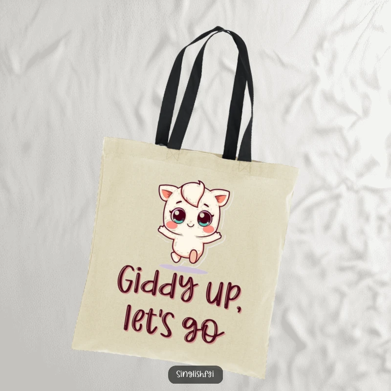 Funny tote bag with a small, wide-eyed character in a playful hop, perfect for carrying items with a burst of cute, energetic joy.