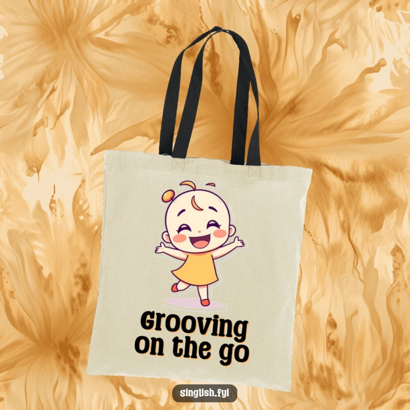 Funny dancer tote bag showing a smiling character doing a clumsy, happy dance, great for carrying items.