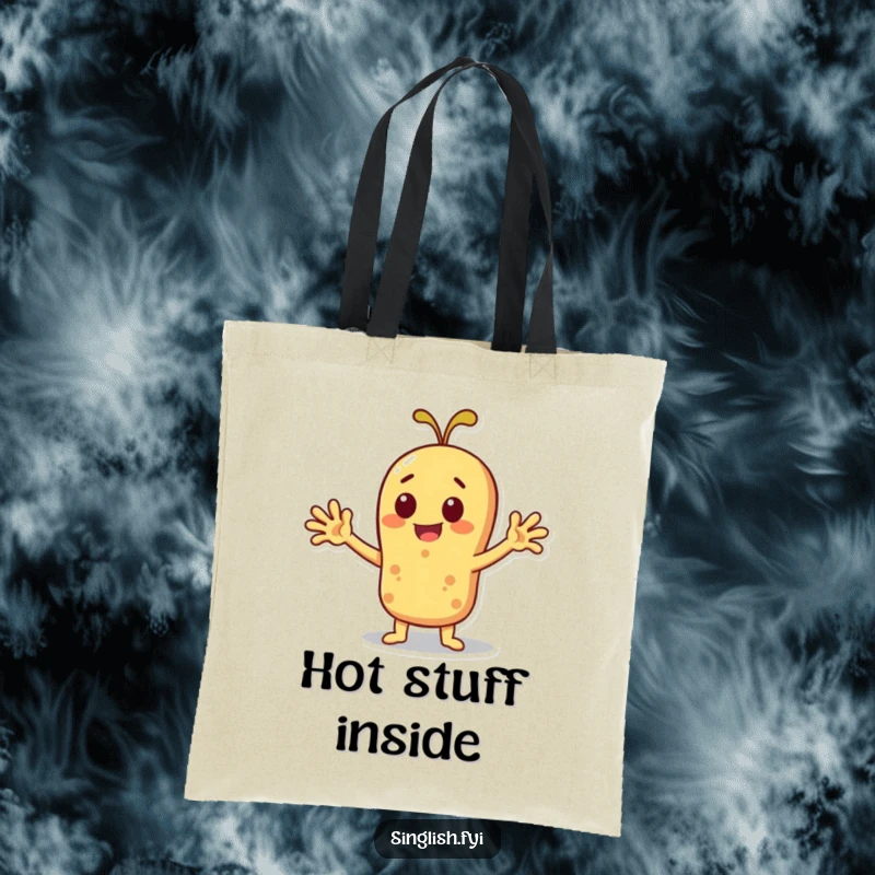 Funny cheerful roti character fanning itself with outstretched arms, illustrated on a tote bag.