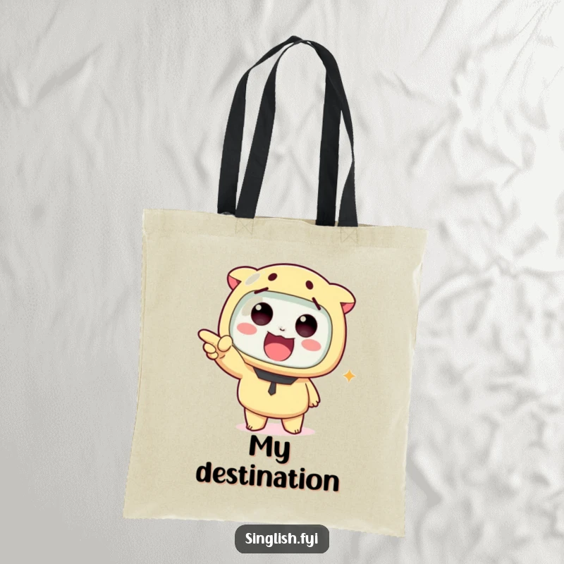 Funny tote bag showcasing a cute character pointing energetically, perfect for carrying essentials with a touch of playful mystery and humor.
