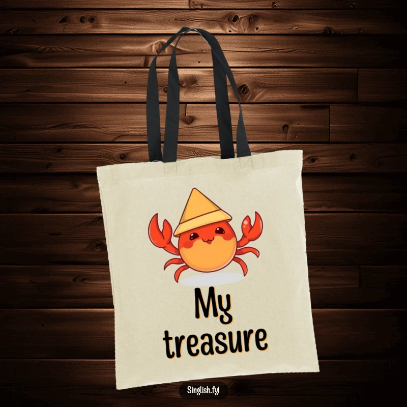 Funny tote bag depicting a mischievous chili crab character trying to fit a tiny conical hat, adding playful charm to errands.