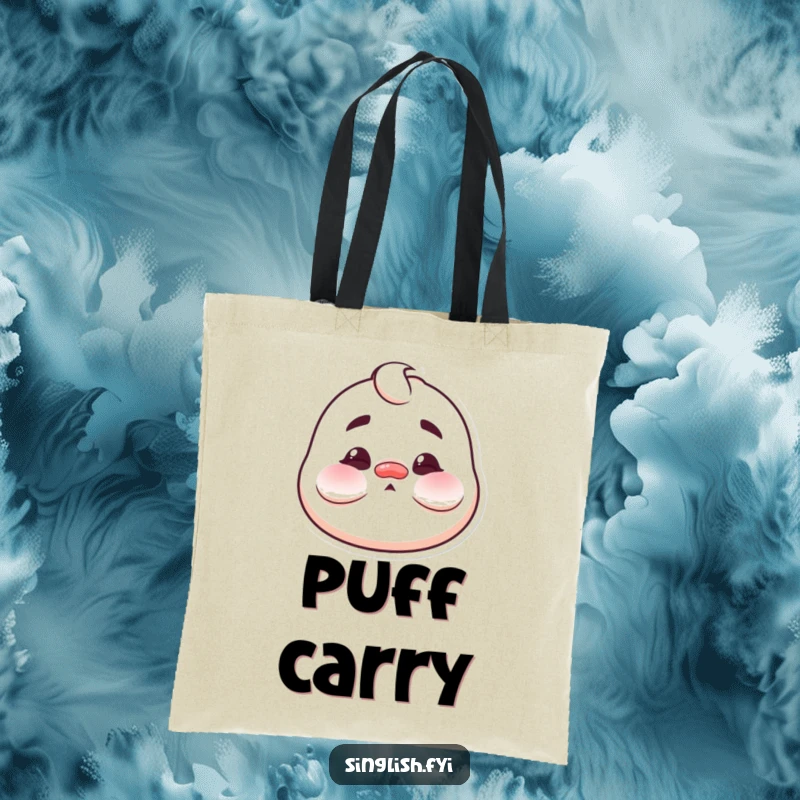 Funny Puffed Cheeks Tote Bag featuring a character making a funny, exaggerated face with puffed cheeks, celebrating comical silliness.