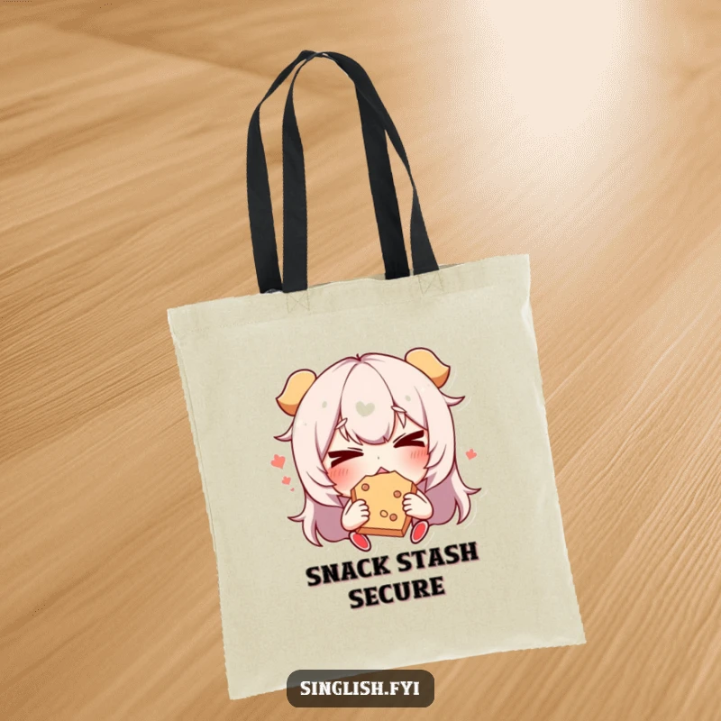 Funny Snack Face Tote Bag: A practical tote bag designed with a character making a funny face while eating a snack, ideal for snack lovers.