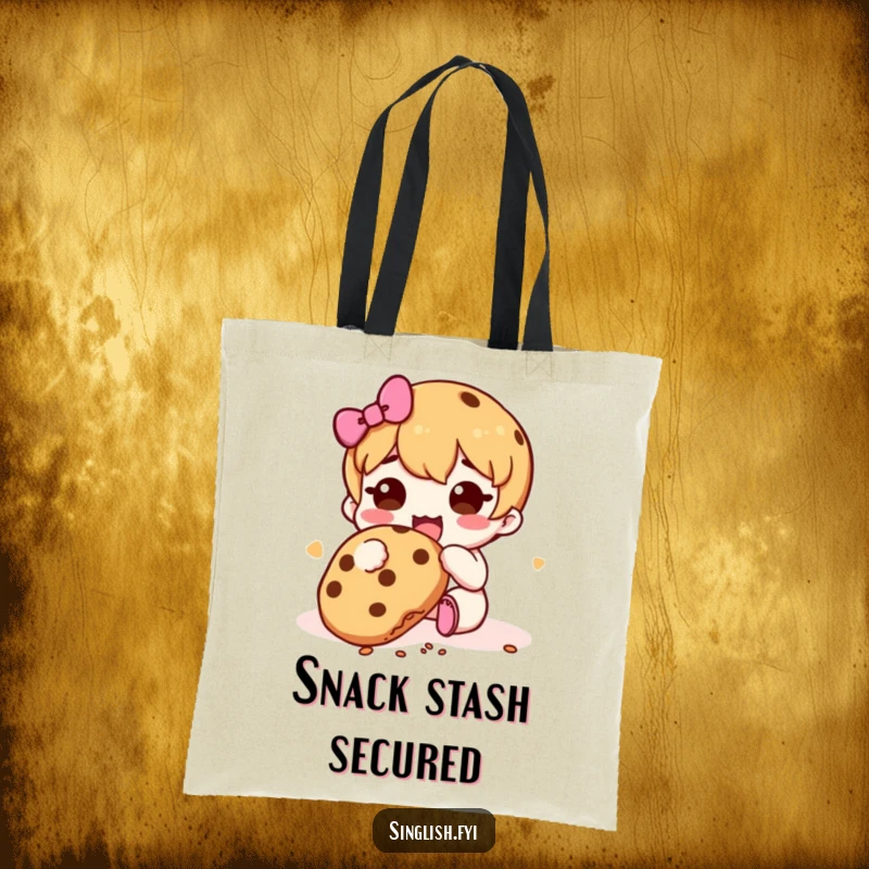 Funny Cookie Muncher Tote Bag: Cute character happily eating a cookie with falling crumbs, a durable and humorous tote for daily use.