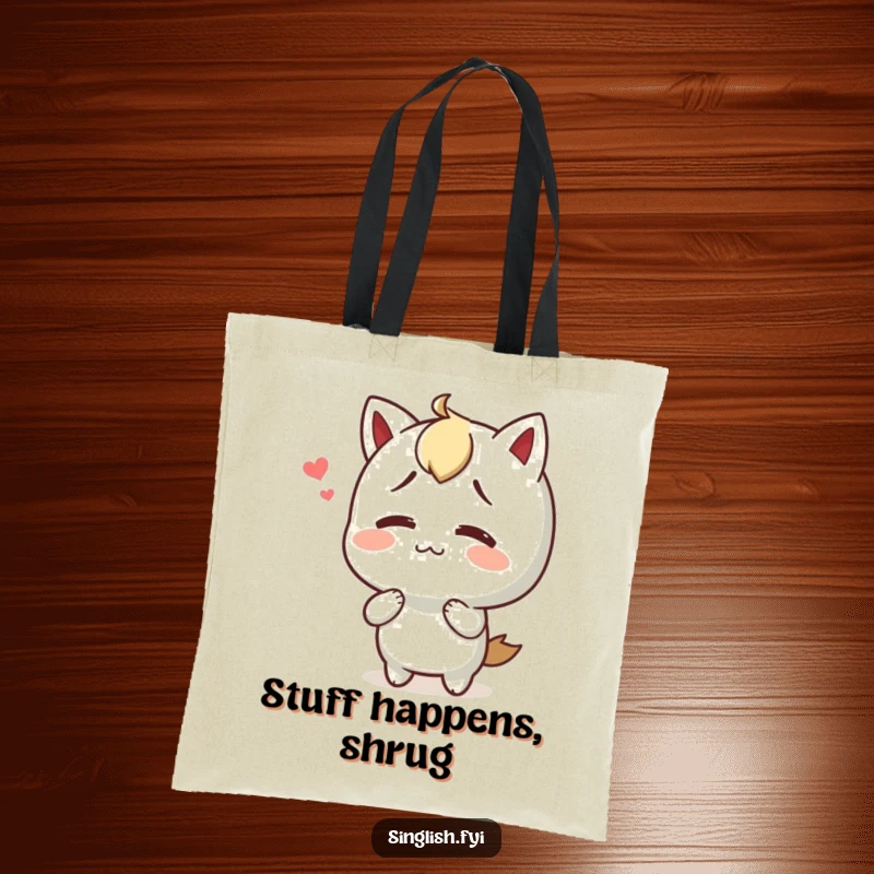 Funny tote bag featuring a character shrugging with a happy, confused expression, ideal for carrying items humorously.